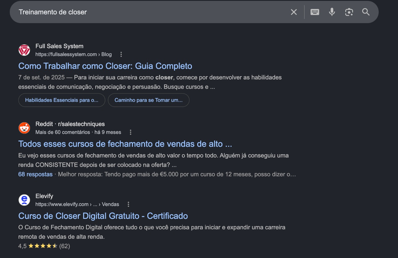 Resultado do Google para treinamento de closer com Full Sales System em primeiro lugar