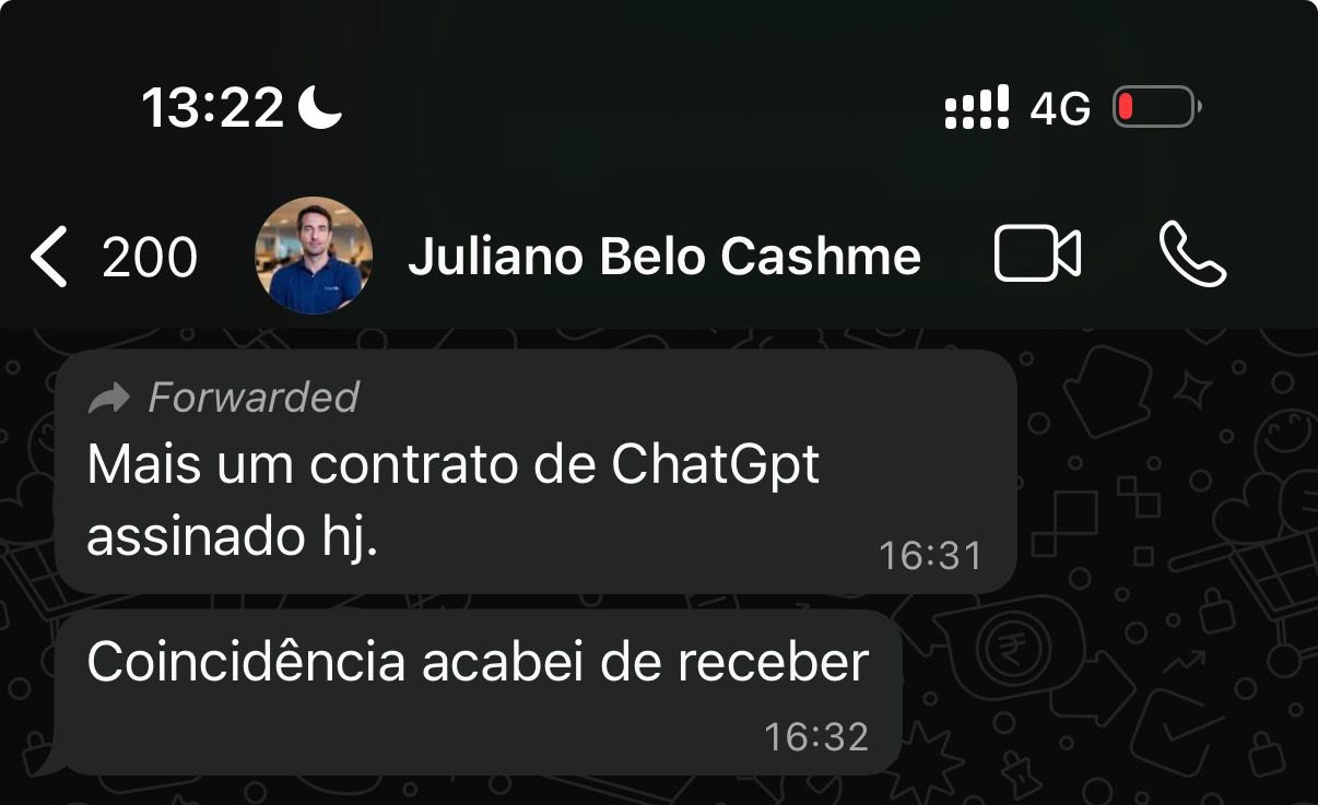 WhatsApp de Juliano Belo, CashMe: Mais um contrato de ChatGpt assinado hj