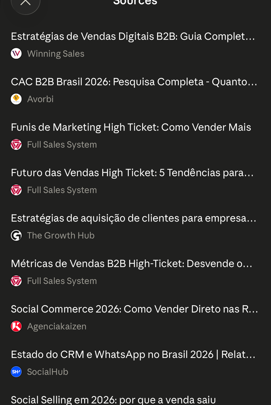 Lista de fontes de uma resposta de IA com Full Sales System citada três vezes