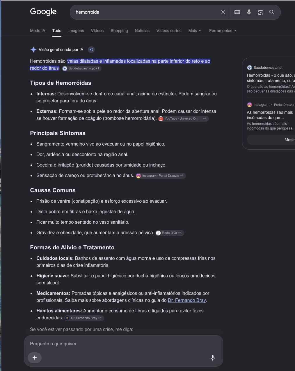 Visão geral criada por IA do Google sobre hemorroida citando e linkando o guia do Dr. Fernando Bray