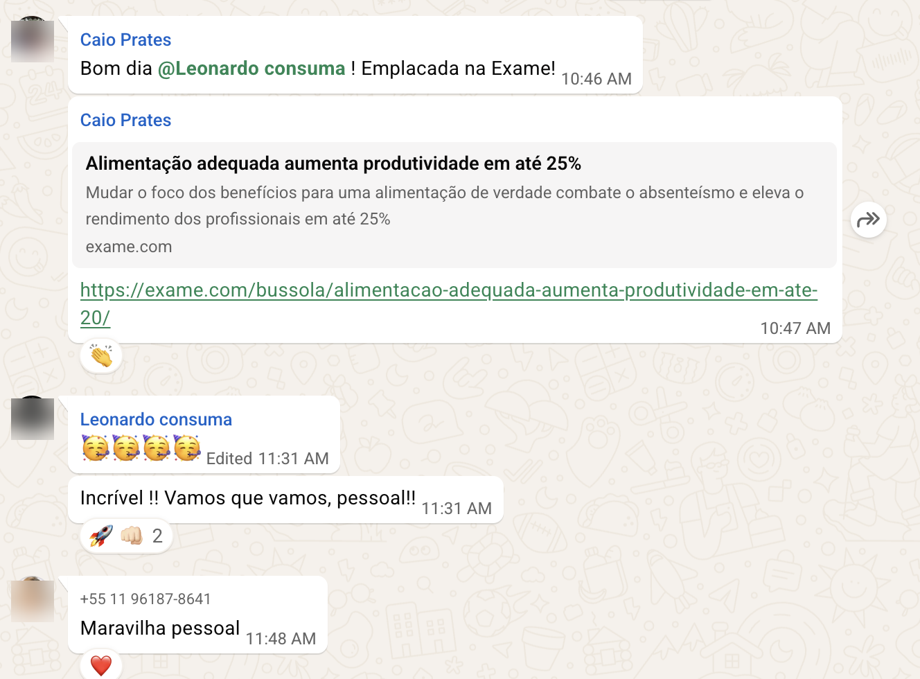 Grupo de WhatsApp do cliente comemorando: Emplacada na Exame