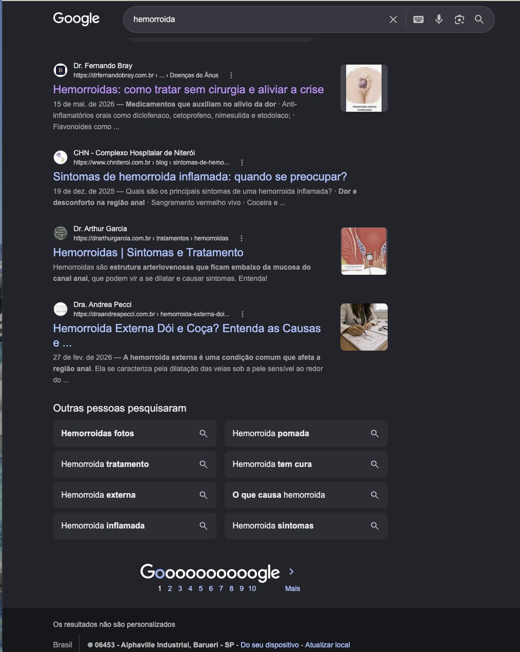 Resultados orgânicos do Google para hemorroida com o site do Dr. Fernando Bray em primeiro lugar