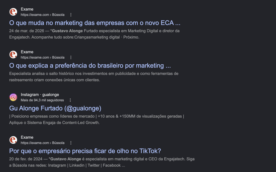 Resultados do Google para o nome de Gustavo Alonge mostrando colunas na EXAME Bússola