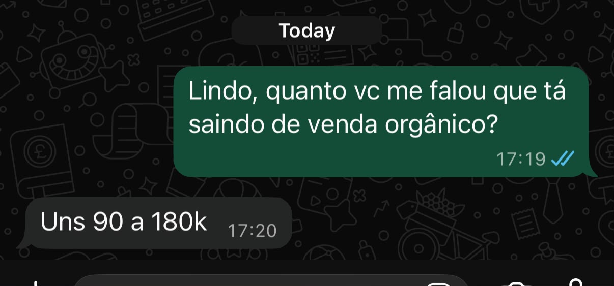 Conversa de WhatsApp: quanto está saindo de venda orgânico? Uns 90 a 180k